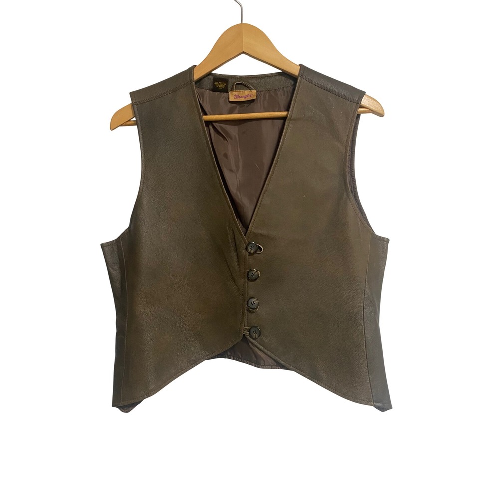 Wrangler Leather Vest Womens Large Brown Western Button Front Indie Vintage